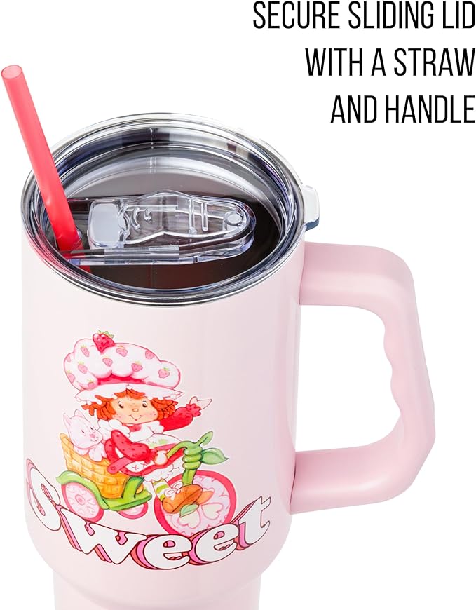 Silver Buffalo Strawberry Shortcake and Custard “Sweet” Double Walled Stainless Steel Tumbler with Handle, Fits in Standard Cup Holder, 40 Ounces