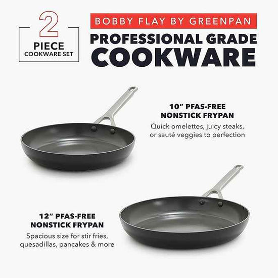 GreenPan x Bobby Flay 10” & 12” Hard Anodized Ceramic Nonstick Frying Pan Set, PFAS-Free, Induction Compatible Skillets, Oven & Broiler Safe to 600˚F, Dishwasher Safe, Black
