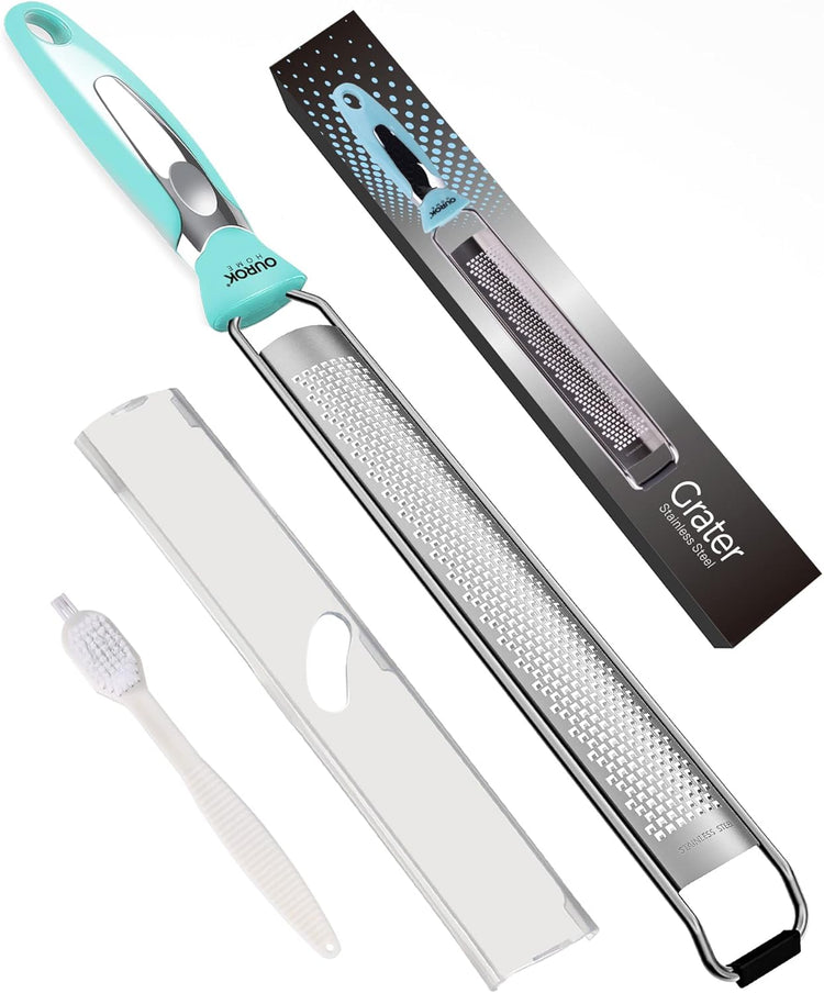 Ourokhome Kitchen Lemon Zester, Stainless Steel Hand Held Parmesan Cheese Grater for Ginger, Chocolate, Coconut, Lime, Nutmeg, Citrus, Fruit, Vegetable with Cleaning Brush, Dishwasher safe, Blue