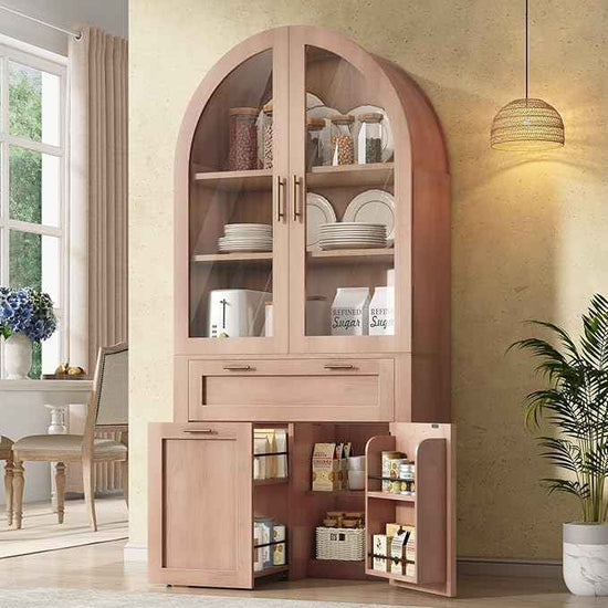 Itaar 71" Arched Kitchen Pantry Cabinet, Kitchen Storage Cabinets with 1 Large Drawer & Storage Cart 2 Tier & Door Shelves for Living Room, Dining Room, Natural Oak