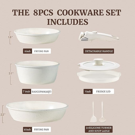 BECIGAR 8pcs Ceramic Pots and Pans Set, Non Stick Cookware Set, Detachable Handle Cookware, Induction Kitchen Cooking Set with Removable Handle,Oven Safe, Induction Fast, Stackable Cookware Set