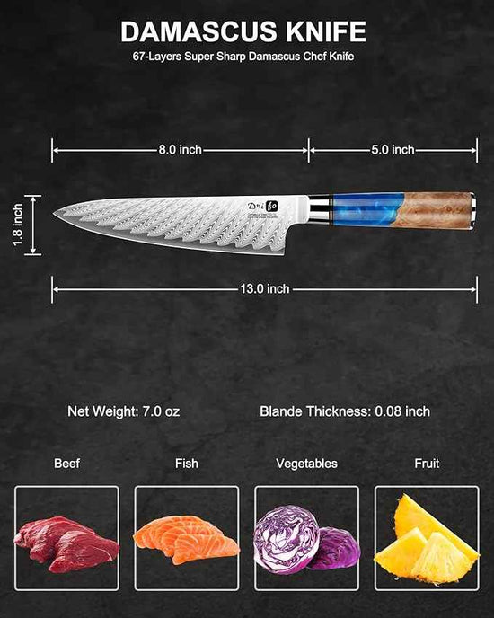 Damascus Chef Knife 8 Inch, Japanese Handcrafted Sharp Kitchen Knife with 67-Layer Damascus Steel & VG10 Core, Blue Resin & Natural Birch Wood Handle, Ideal Gift for You & Your Beloved
