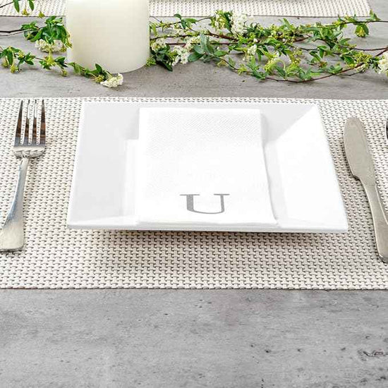 Luxenap 15.8 X 7.9 Inch Linen-Feel Guest Towels, 2000 Lettered Hand Towels - Silver Letter 'U', Sans Serif Font, White Paper Dinner Napkins, airlaid, For Restrooms And Tables - Restaurantware
