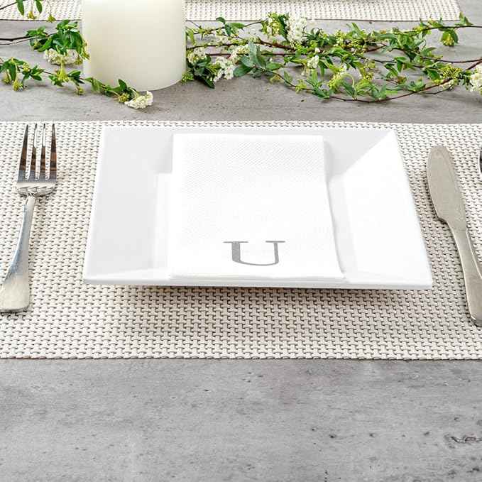 Luxenap 15.8 X 7.9 Inch Linen-Feel Guest Towels, 2000 Lettered Hand Towels - Silver Letter 'U', Sans Serif Font, White Paper Dinner Napkins, airlaid, For Restrooms And Tables - Restaurantware