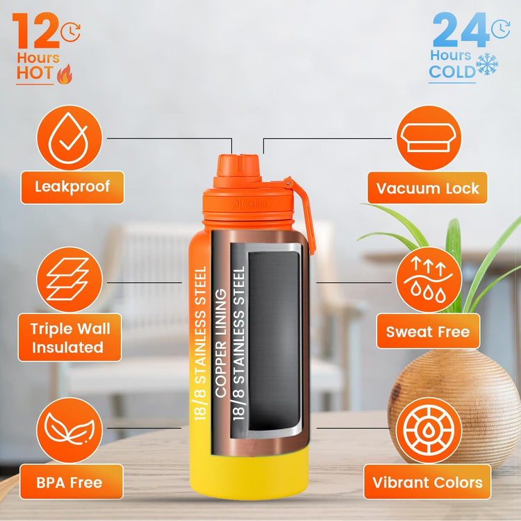 Lexlion 32 Oz Triple Walled Insulated Stainless Steel Fruit Infuser Bottle, Thermal Leaf Infuser, Silicone Sleeve, 3 Lids Leakproof, Metal Mug Gallon