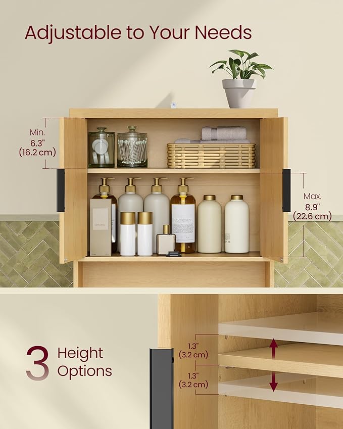 VASAGLE MAXE Collection - Over The Toilet Storage Cabinet, 23.6-Inch Wide Mid Century Modern Bathroom Organizer with Fluted Doors, Adjustable Shelf, Space-Saving, Oak Beige UBTS028YC01S