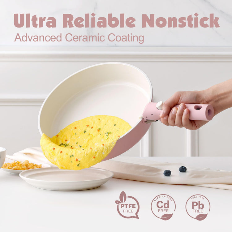 17 Piece Ceramic Detachable Handle Pots and Pans Set Pink