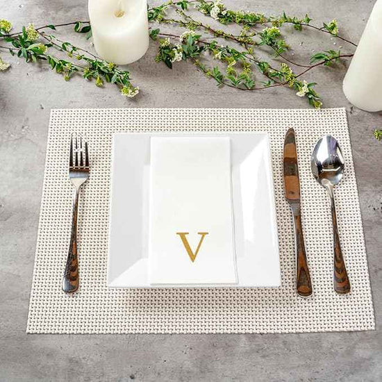 Luxenap 15.8 X 7.9 Inch Linen-Feel Guest Towels, 50 Lettered Hand Towels - Gold Letter 'V', Sans Serif Font, White Paper Dinner Napkins, airlaid, For Restrooms And Tables