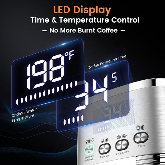 Espresso Machine 20 Bar Cappuccino Latte Machine with Automatic Milk Frother,Temperature Control LED Display StainlessSteel Dual Heat System Coffee Maker with ESE Pod Filter for Home