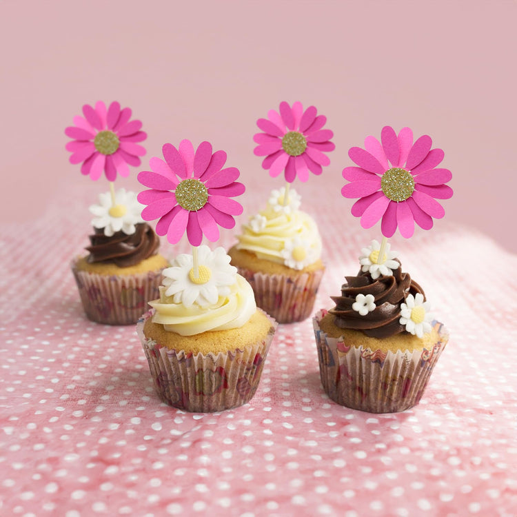 24Pcs Daisy Cupcake Toppers Flower Cake Topper Decorations Daisy Cake Decorations Chrysanthemum Cupcake Toppers Spring Daisy Flower Cake Picks for Birthday Wedding Supplies Rose Red (24 Count)