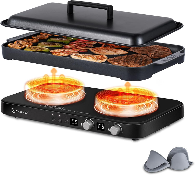AMZCHEF Double Induction Cooktop with Removable Griddle Pan Non-stick, 1800W 2 burner Portable Induction Stove With Sensor Touch 9 Power Levels, 99 Min Timer, Black