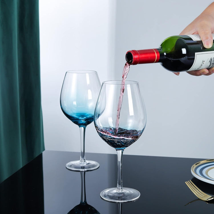 Joeyan Handmade Blue Crackle Wine Glasses,Large Crystal Burgundy Wine Glass Cup with Stem,Red White Wine Goblet Tumbler,Aesthetics Glassware Collection,Set of 2,21 oz