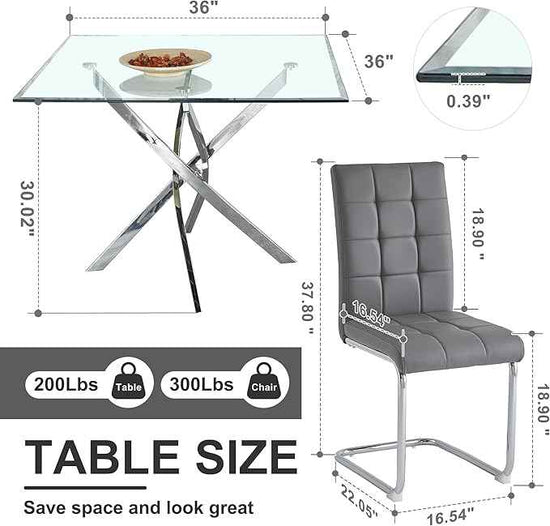 AF ARTISAN FURNITURE 5 Piece Square Glass Dining Table Set, Silver Glass Kitchen Table Set for 4 Modern Table Set with 4 Grey PU Upholstered Dining Chairs, for Small Space, Breakfast Nook
