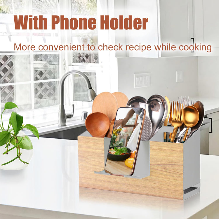 Utensil Holder Large Iron Flatware Container with 3 Compartments Countertop Wall
