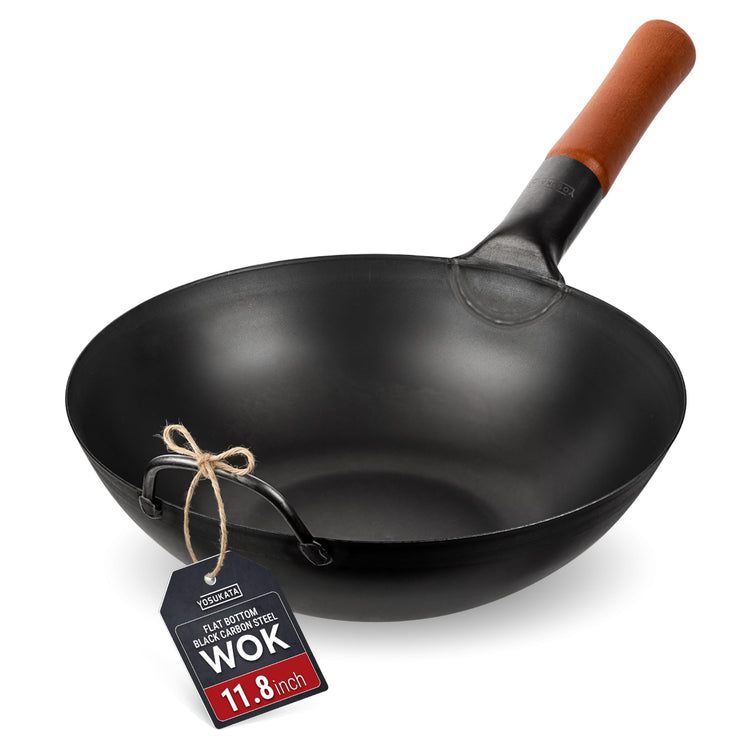 11.8" Pre Seasoned Flat Bottom Black Carbon Steel Wok for Stir Fry