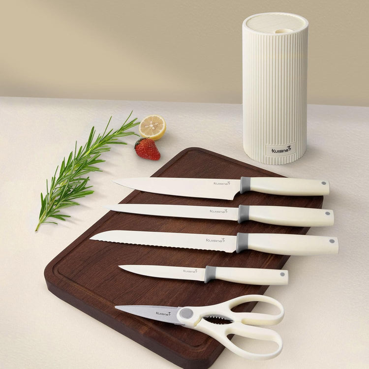 Kuisine Premium kitchen Knife Set with block,High Carbon Stainless Steel Forged,Ergonomic Non-slip Handle Knife Block Set(6PCS,Ivory)
