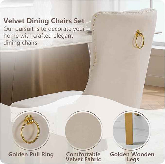 Velvet Dining Chairs Set of 2, Kitchen & Dining Room Chairs, Upholstered Dining Chairs with Back Ring Pull and Golden Solid Wood Legs, Modern Tufted Kitchen Chairs for Dining Room, Cream