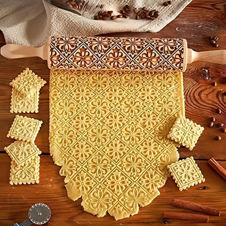 Christmas Wooden Rolling Pin for Baking Engraved Embossing Rolling Pin Cookie Stamps Roller Square Grid Cookies Mold Kitchen Decor Tools for Baking Embossed Cookies