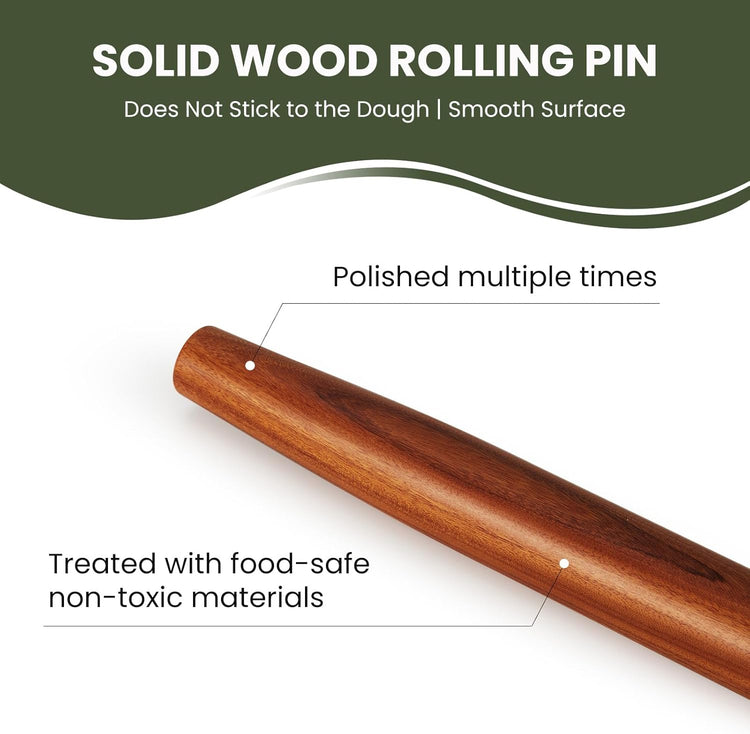 Natural Solid Bubinga Wood French Rolling Pin for Baking | Tapered Edges Type | High-Density Professional Dough Roller (French rolling pin - 15.75‘L)