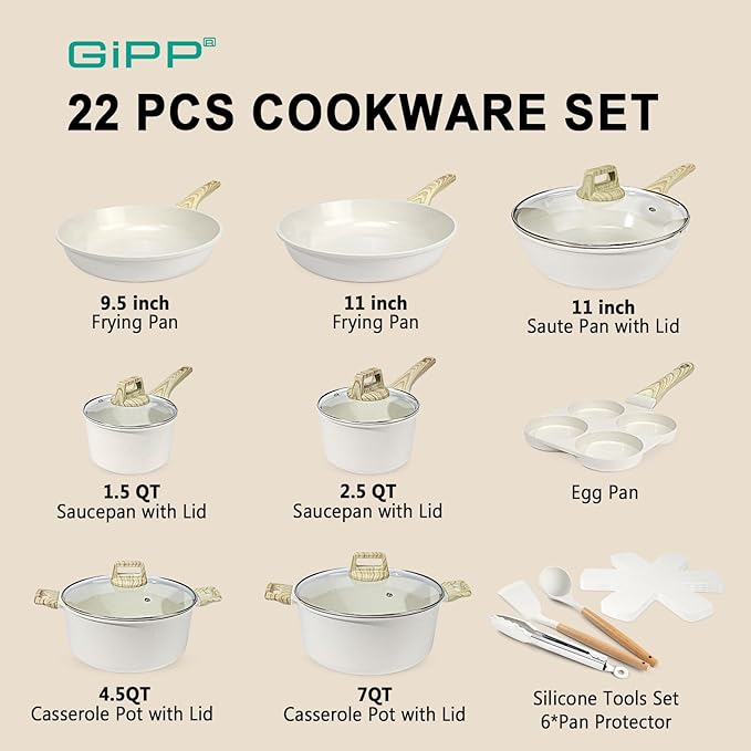 GiPP Ceramic Pots and Pans Set Non Stick - 22Pcs Nonstick Cookware Set, Non-Toxic Healthy Kitchen Cooking Set w/Frying Pans Set, Dishwasher Safe, PFAS PTFE PFOA PFOS Free, Cream White