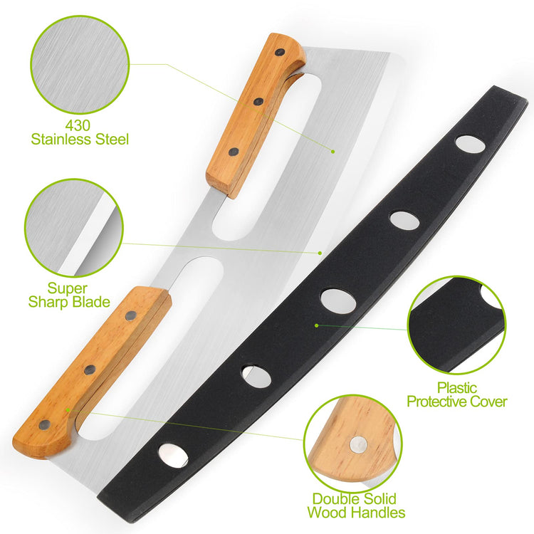 Pizza Cutter Rocker with Wooden Handles & Protective Cover by ZOCY