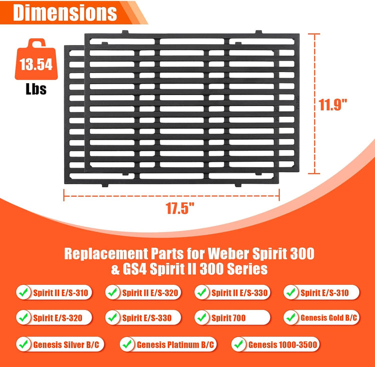 QuliMetal 17.5" Grill Grates for Weber Spirit 300 and Spirit II 300 Series, Spirit E/S-310 E/S-320 E/S-330, Spirit 700, Genesis Silver/Gold B & C, Genesis 1000-3500, Cast Iron Part for Weber 7638 7639