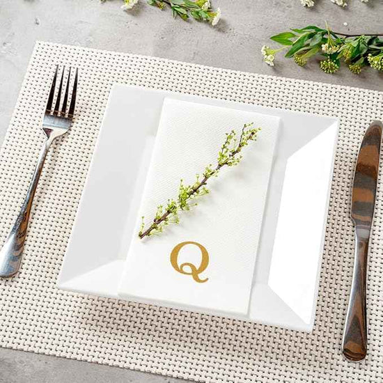 Luxenap 15.8 X 7.9 Inch Linen-Feel Guest Towels, 2000 Lettered Hand Towels - Gold Letter 'Q', Sans Serif Font, White Paper Dinner Napkins, airlaid, For Restrooms And Tables