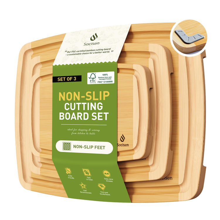 Bamboo Cutting Board Set Non Slip Feet Over Sink Tablas Para Picar Cocina Tabua Madeira Corte Carne Bambu Alimentos Cortar Madera Juego Regalos Cumpleaños Navidad Mujer Mama Abuela Hombre Papa (3 Count)