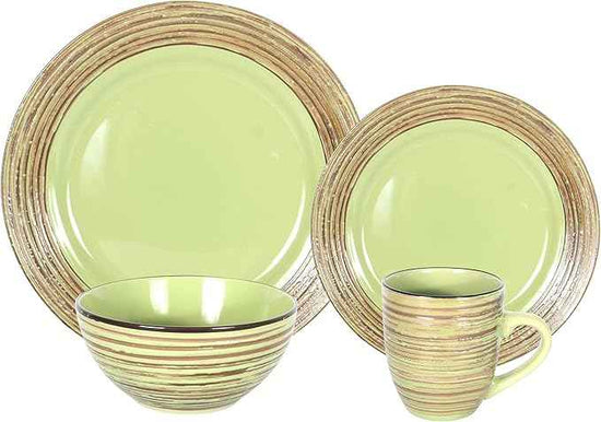 16 Piece Dinnerware Set, Ceramic Plates and Bowls Sets for 4, Microwave and Dishwasher Safe, Handcrafted Tree Bark Series Dish Set, Oak Forest/Dark Green