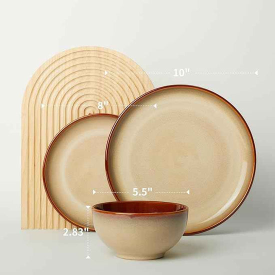 Ceramic Dish Set for 6, 18 Piece Dinnerware Set for Small to Medium Families, Reactive Glaze Design, Dishwasher & Microwave Safe, Brown Yellow