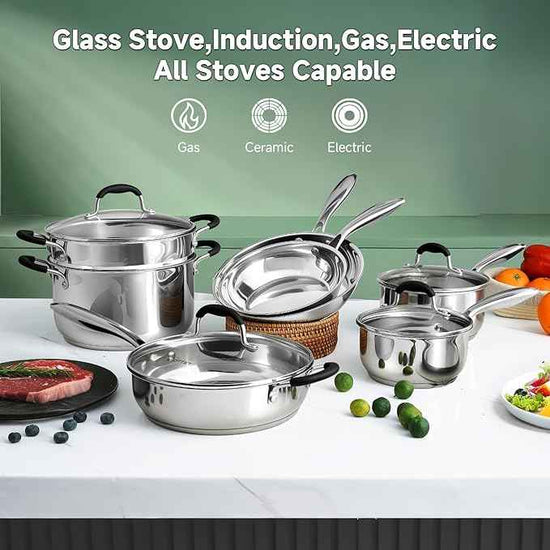 Stainless Steel Kitchen Cookware Set,11 Piece Pots and Pans Set with Steamer,Heat-resistant Handle,Non-Toxic,Induction,Oven,Dishwasher Safe