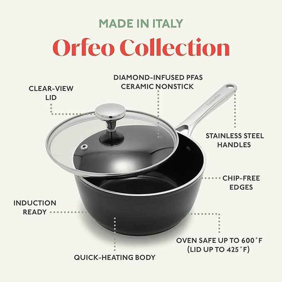 Orfeo 2.4QT Nonstick Saucepan with Lid, Made in Italy, Diamond Ceramic PFAS-Free Cookware, Induction Ready, Scratch Resistant, Laser-Fused Surface for Durability, Dishwasher Safe, Black