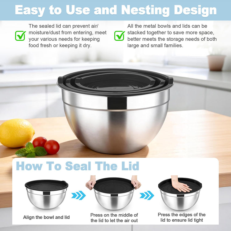 Mixing Bowls Stainless Steel Nesting Salad Bowls & Airtight Lids (3 Count)