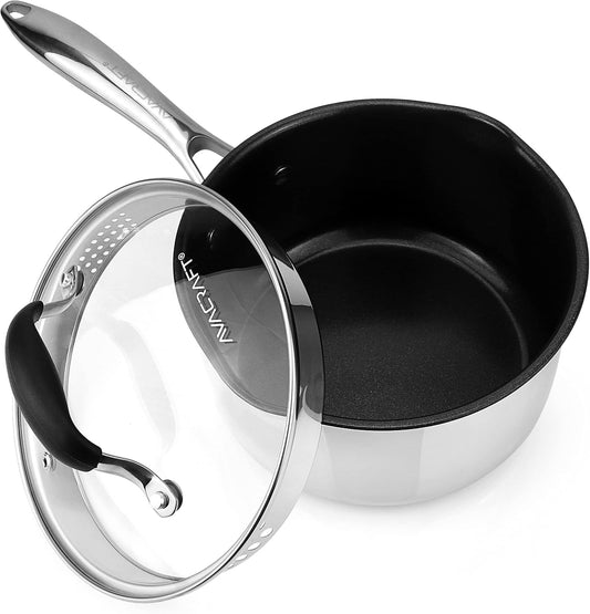 AVACRAFT Nonstick Saucepan with Glass Lid, Strainer Lid, 100% PTFE, PFOA Toxins Free, Two Side Spouts for Easy Pour, Multipurpose Sauce Pan with Lid, Ceramic Sauce Pot (2.5 QT Non-Stick Saucepan) - Nestoria