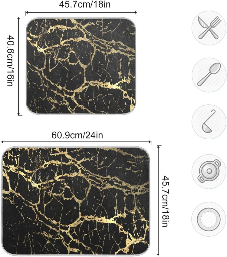 Super Absorbent Dish Drying Mat, Microfiber Fast-Drying Dish Mat, 24" x 18", Kitchen Dish Drying Pad, Black Gold Marble