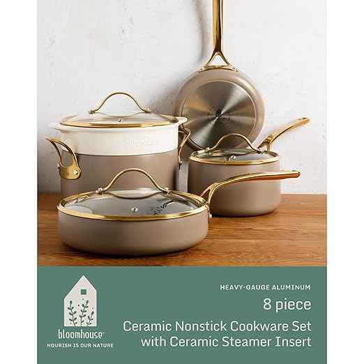 Bloomhouse - Two Time Oprah's Favorite Things Winner - 8 Piece Pots and Pans Heavy Duty Aluminum Premium PFA Free Ceramic Nonstick Dutch Oven Pot with Lid - Cappuccino Cream with Gold Handle