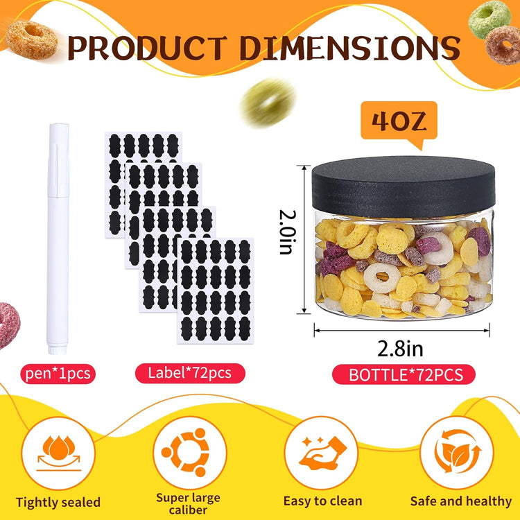 72pcs 4 oz Plastic Containers with Lids Labels Leak Proof BPA Free Airtight Refillable Clear Small Containers Storage Jars for Storing Dry Food Slime Honey Jam,black