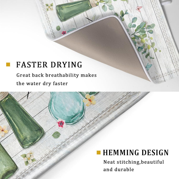 Fern Leaf Vase Dish Drying Mat 18x24 Inch Eucalyptus Leaves Microfiber Absorbent Dish Drainer Mat Reversible Drying Pad for Kitchen Counter Sink