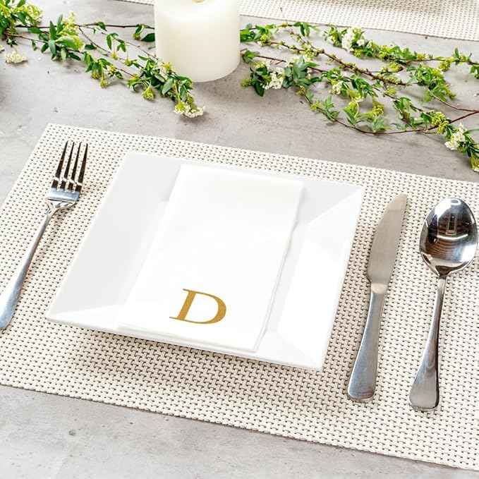 Luxenap 15.8 X 7.9 Inch Linen-Feel Guest Towels, 2000 Lettered Hand Towels - Gold Letter 'D', Sans Serif Font, White Paper Dinner Napkins, airlaid, For Restrooms And Tables - Restaurantware