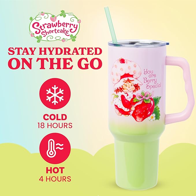 Silver Buffalo Strawberry Shortcake You Are Berry Special Vintage Pink and Green Ombre Double Walled Stainless Steel Tumbler with Handle and Straw, Fits in Standard Cup Holder, 40 Ounces