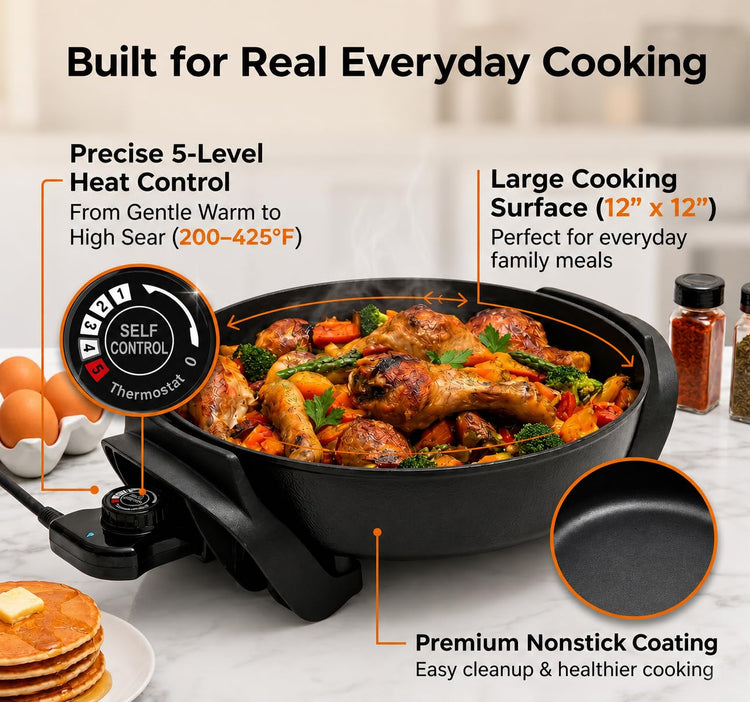 Round Electric Skillet with Lid