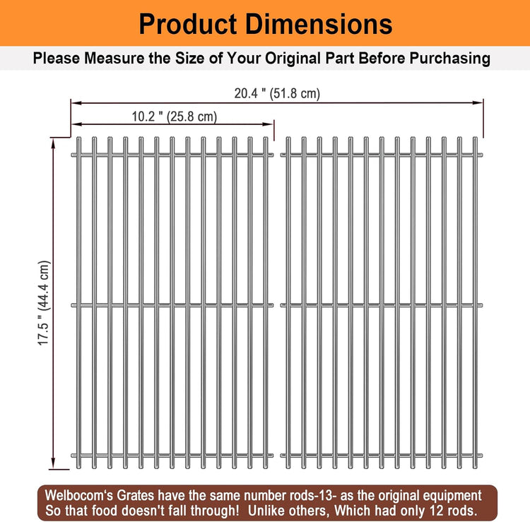 17.5" Cooking Grates for Weber Spirit E210 E220 & Spirit II E210 E220 Series Grills with Front Control Knobs;304 Stainless Steel Grates;Weber Grill Grates 7637;Weber Grill Grids (2 Pcs)