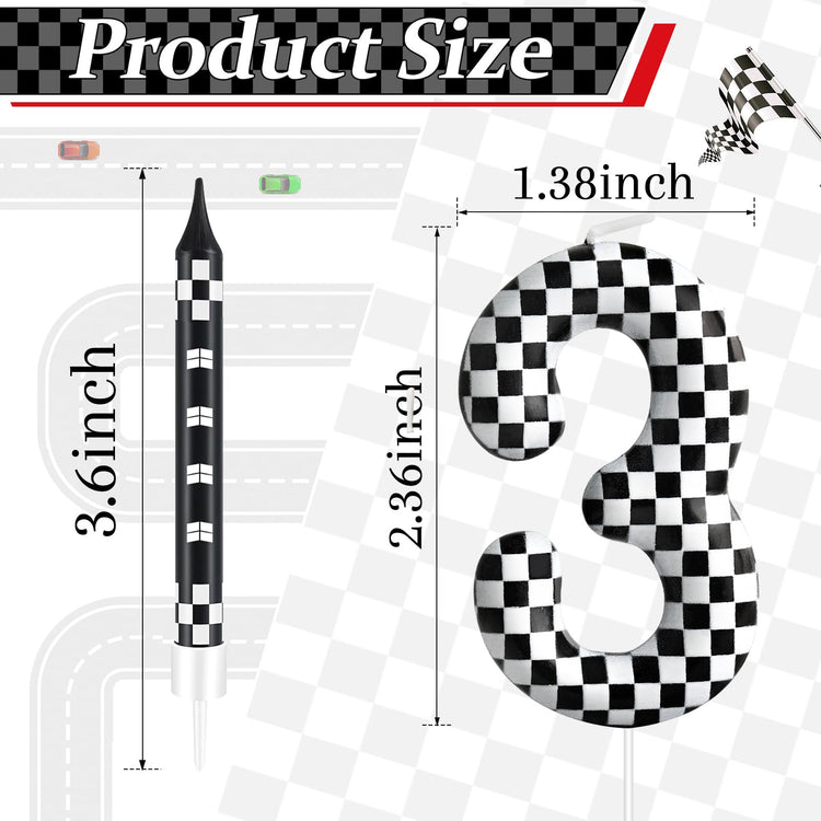 13 Pcs Racing Cars Themed Birthday Candles Black and White Race Number 3 Checkered Candle Cake Topper for Racing Car Party Decoration Supplies (13 Count)