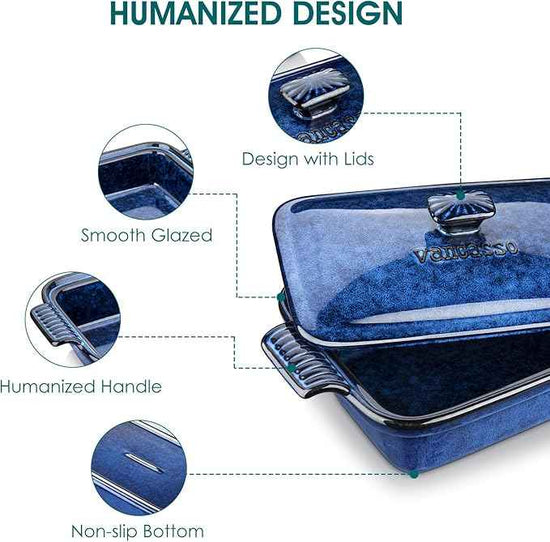 vancasso Starry Casserole Dish With Lid, 1.9 Quart Casserole Dish for Oven, 12x7 Baking Pan with Handles, Casserole Baking Dish Lasagna Pan with Lid, Microwave, Dishwasher Safe, Blue