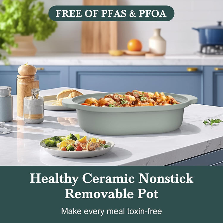 4 Quart Programmable Slow Cooker with Flexible Easy Programming, 8-in-1 Multi-Cooker with Dishwasher Safe Lid & Removable Crock Pot & Wooden Spoon, Nonstick, Oven Safe Pot to 500°F, Olive - Nestoria