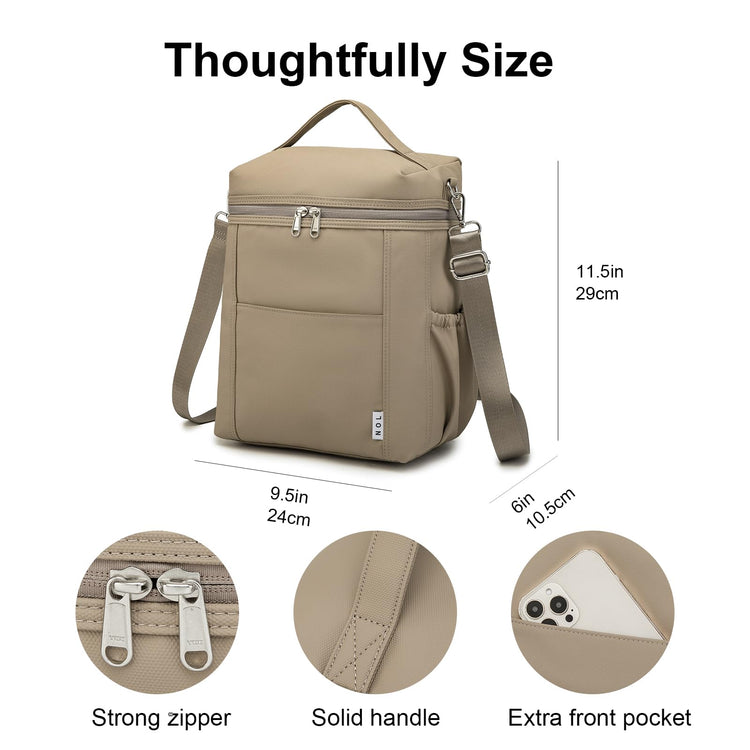 NOL Insulated Lunch Bags for Women Cooler Bag Lightweight Nylon Waterproof Lunch Box for Work Khaki Large 12L