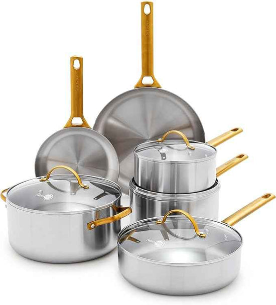 GreenPan Stainless Steel Tri-Ply Reserve 10 Piece Cookware Pots and Pans Set, Multiclad, Induction, Oven & Broiler Safe to 600°F, Heat Responsive Core, Dishwasher Safe, Glass Lids