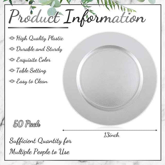 Tanlade 50 Pcs 13 Inch Charger Plates Bulk Round Wedding Chargers Plastic Dinner Plates for Table Setting Wedding Party Decoration (Silver White)