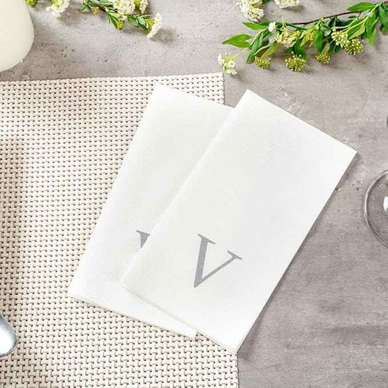 Luxenap 15.8 X 7.9 Inch Linen-Feel Guest Towels, 2000 Lettered Hand Towels - Silver Letter 'V', Sans Serif Font, White Paper Dinner Napkins, airlaid, For Restrooms And Tables - Restaurantware