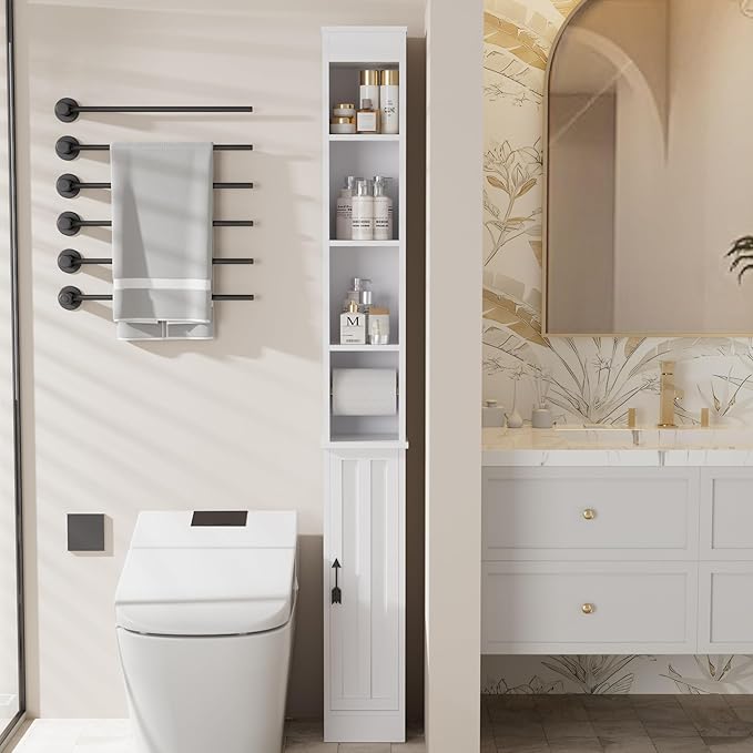 VECELO 71" Tall Bathroom Storage Cabinet, Narrow Storage Cabinet with Adjustable Shelves, Toilet Paper Rod and Magnetic Door, Freestanding Slim Bathroom Storage Cabinets for Small Space, White